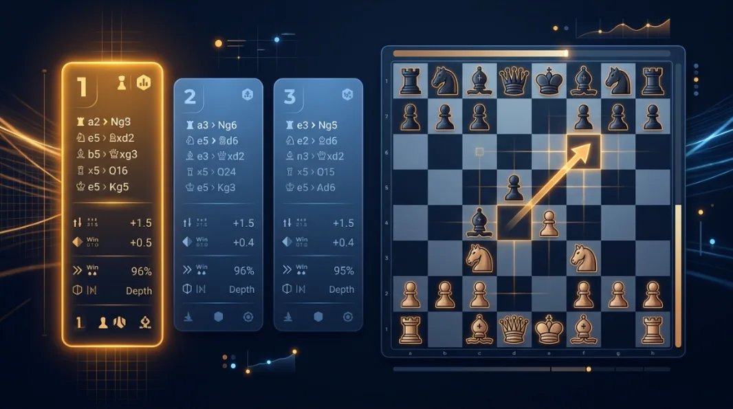 ChessAlgo engine analysis comparing top candidate moves in a custom chess position