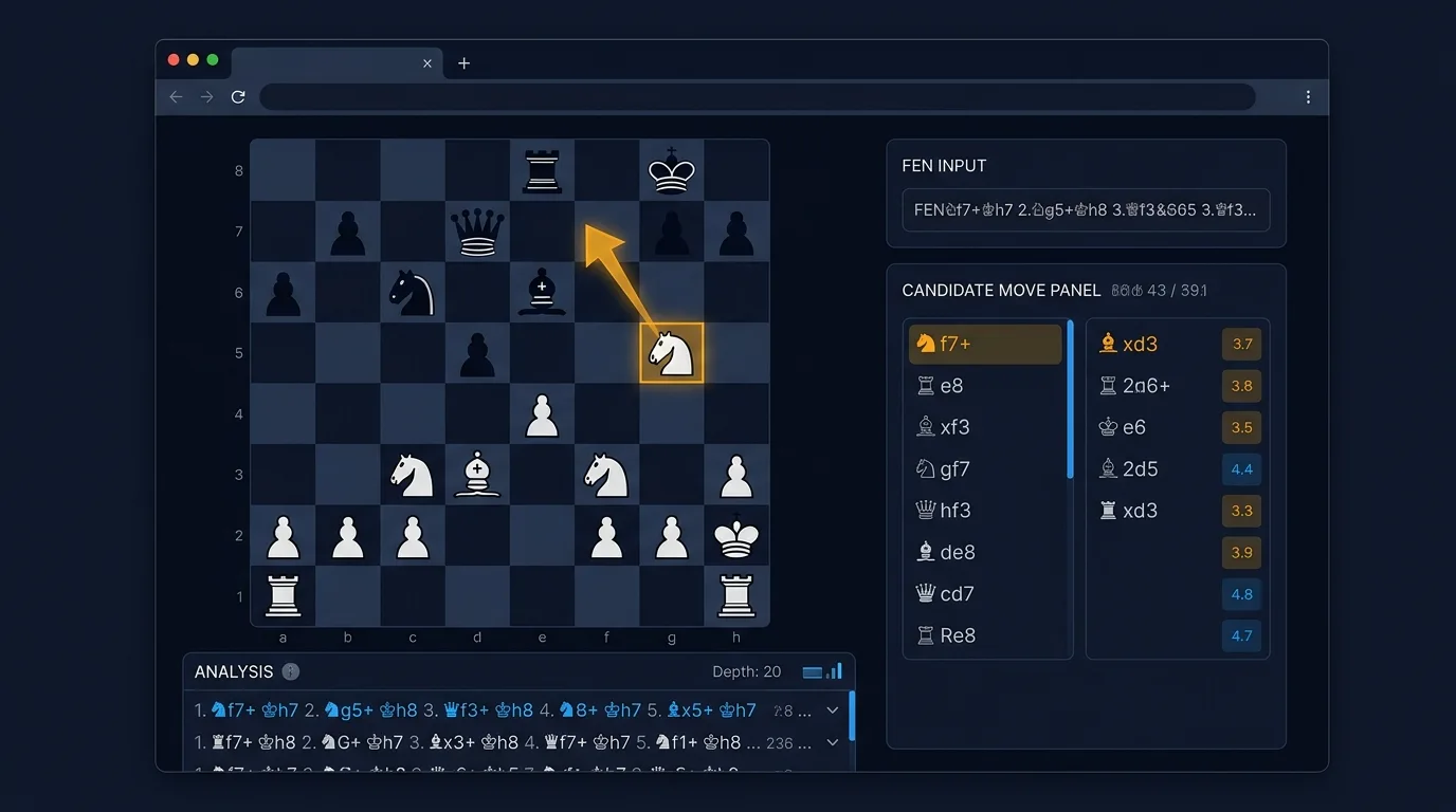 ChessAlgo custom chess position analysis board showing Stockfish best move and engine lines