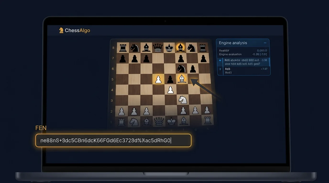 ChessAlgo FEN input box loading a custom chess position for best move analysis