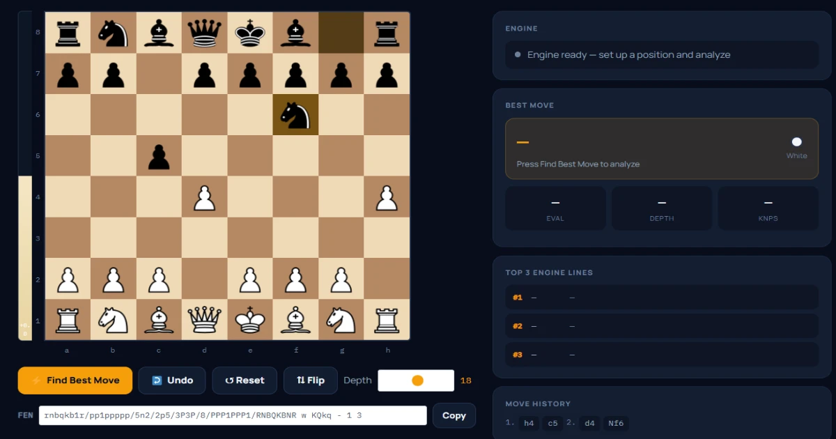 ChessAlgo browser chess analysis board showing Stockfish engine evaluation and top candidate moves