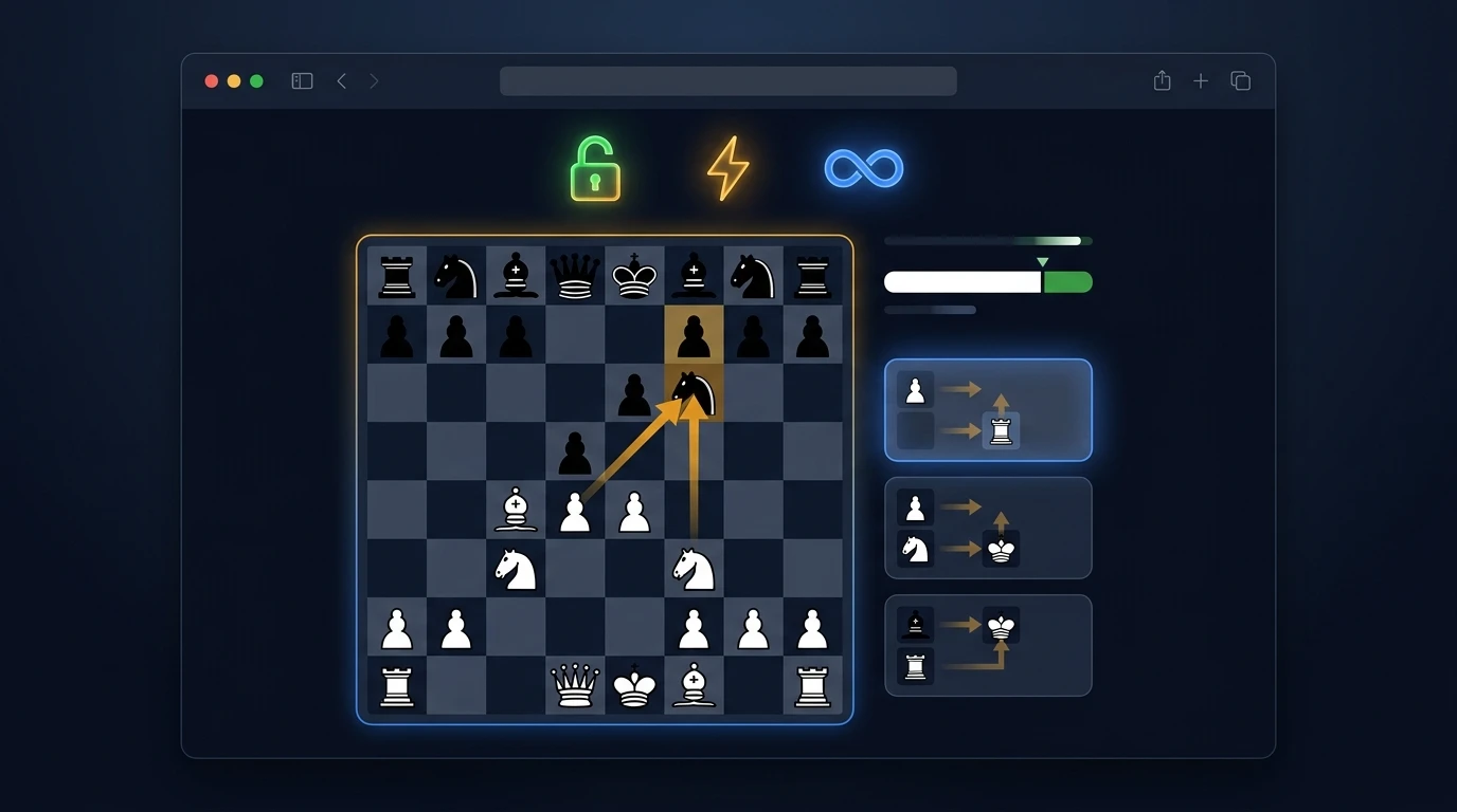 Free chess analysis workflow without paywall showing browser chess board and best move calculation